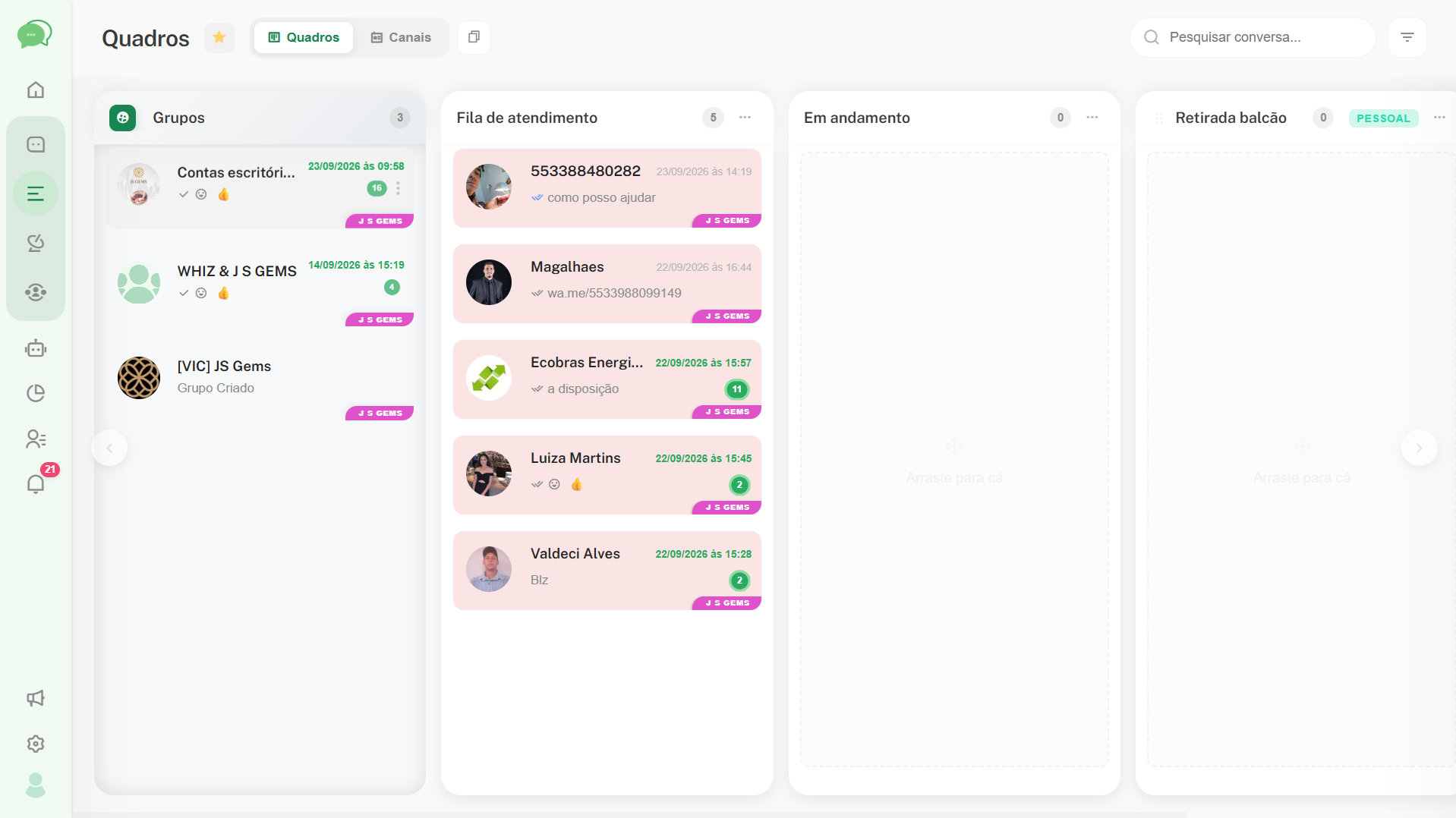 Quadros Kanban do CRM do Whiz Farma